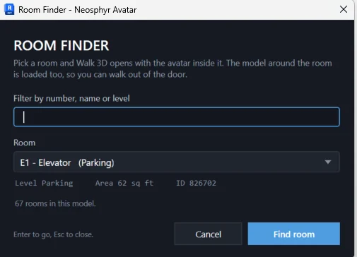 Room Finder listing the placed rooms in the model