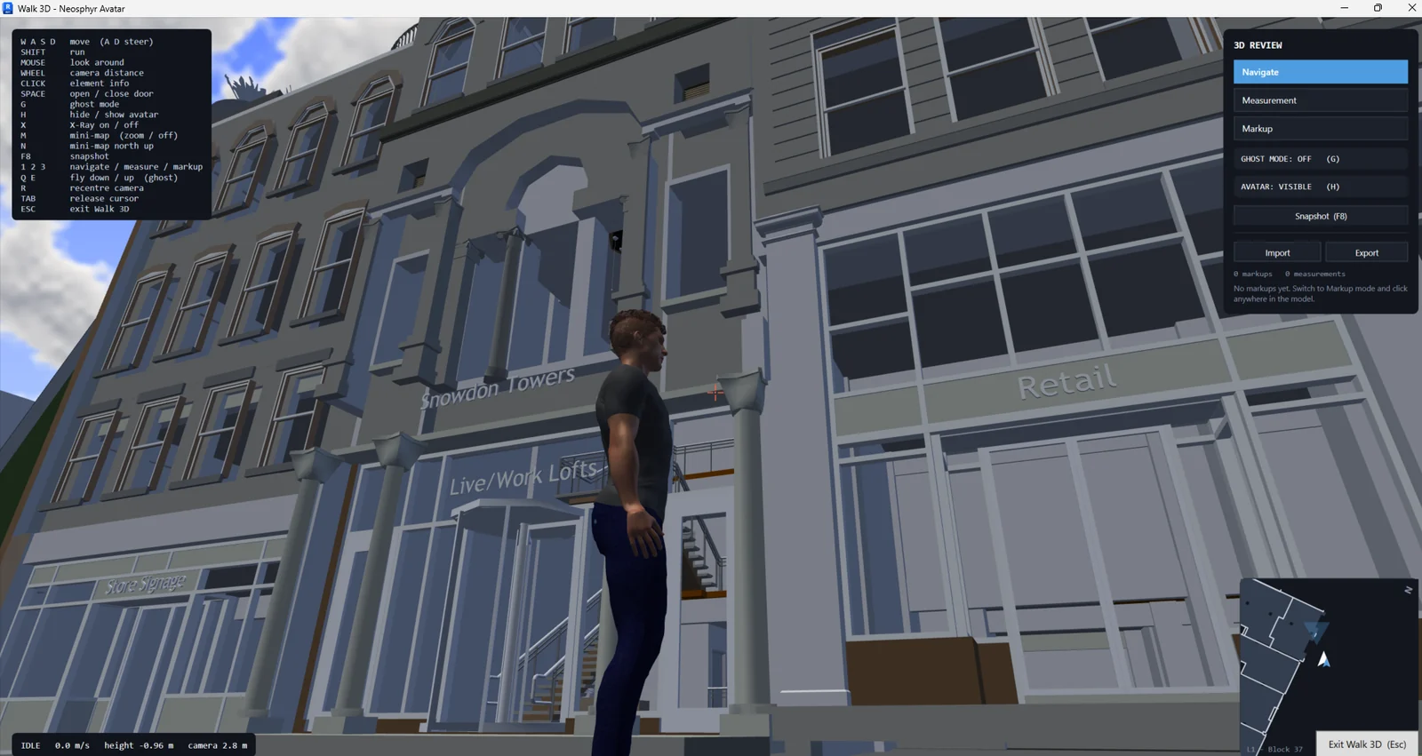 Third-person walkthrough of a Revit model at street level, with the review panel and mini-map