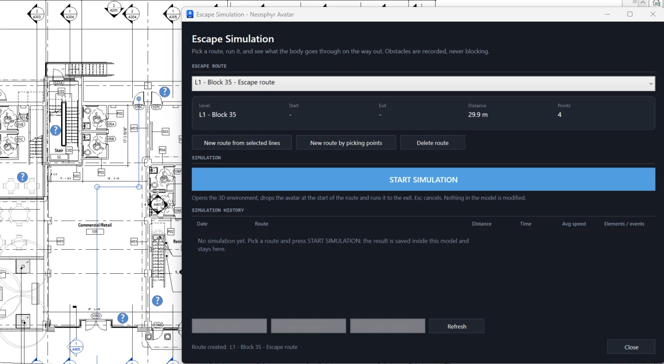 The Escape Simulation window showing a route drawn on a floor plan