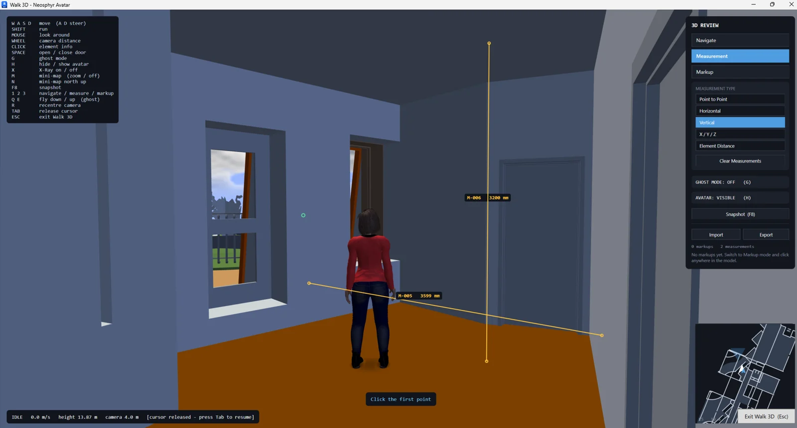 Vertical and horizontal dimensions measured inside a room during a walkthrough