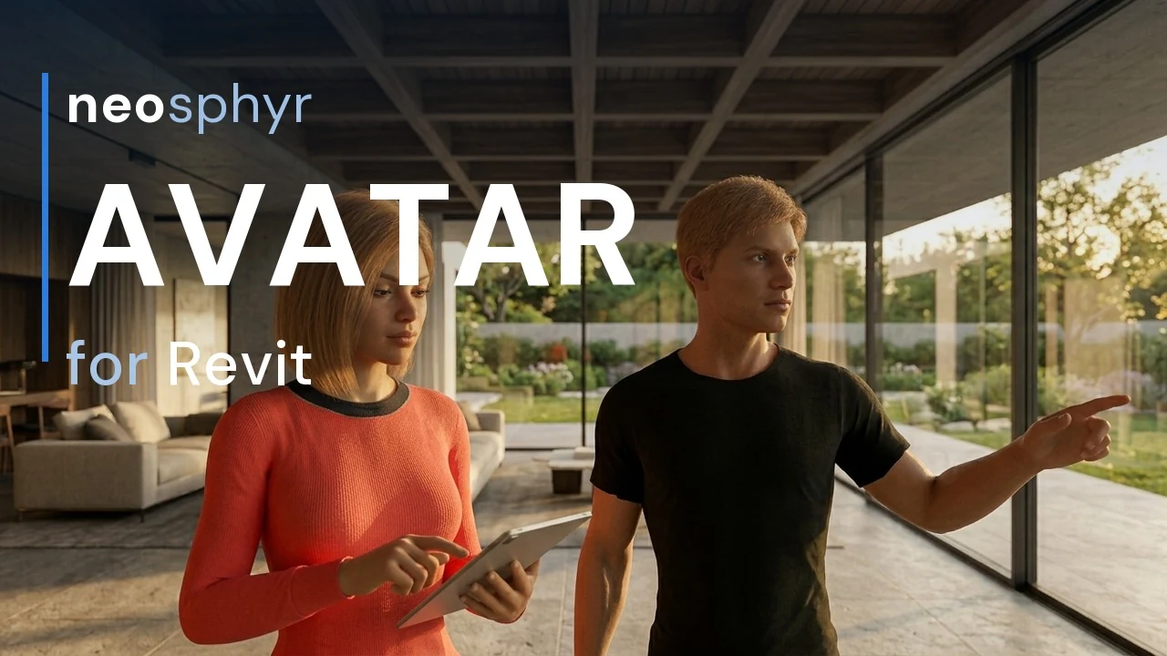 Avatar for Revit — two figures walking through a modelled living space at eye level