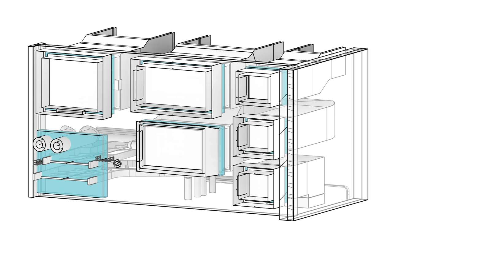 Isometric drawing of a wall with builders work openings and the ducts, pipes and containment passing through them