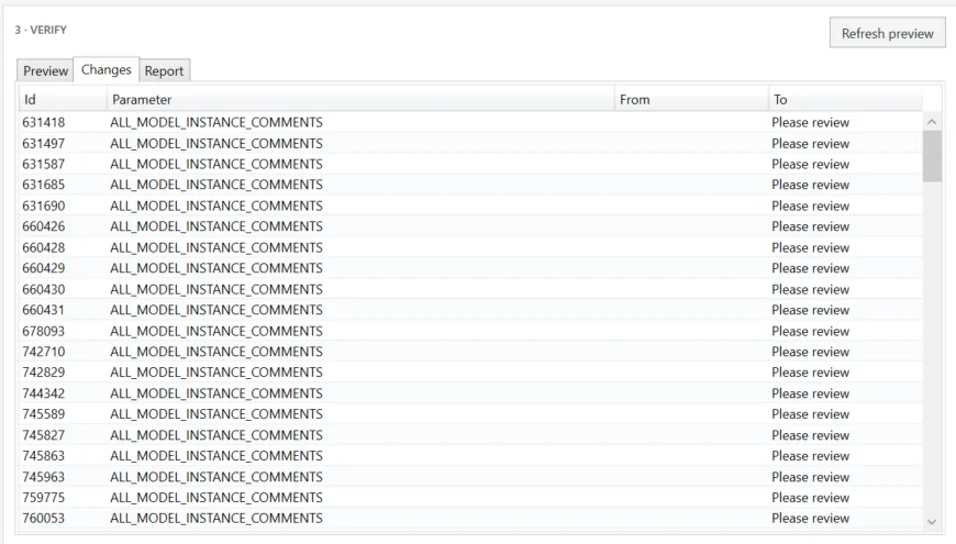 The changes tab listing every pending parameter change with its old and new value